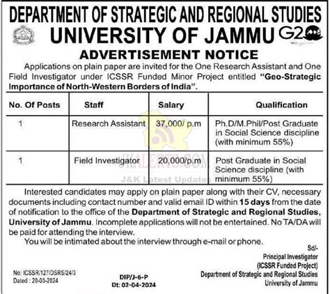 Jammu University Research Assistant And Field Investigator