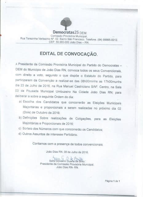 EDITAL DE CONVOCAÇÃO DE CONVENÇÃO DEMOCRATAS DE JOÃO DIAS RN