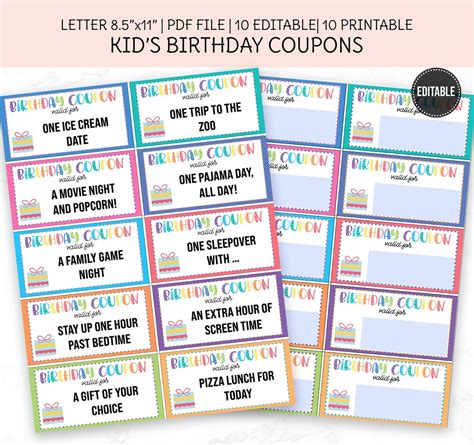 Birthday Coupons for Kids, Editable Gift Coupons, Pre-filled Bday ...