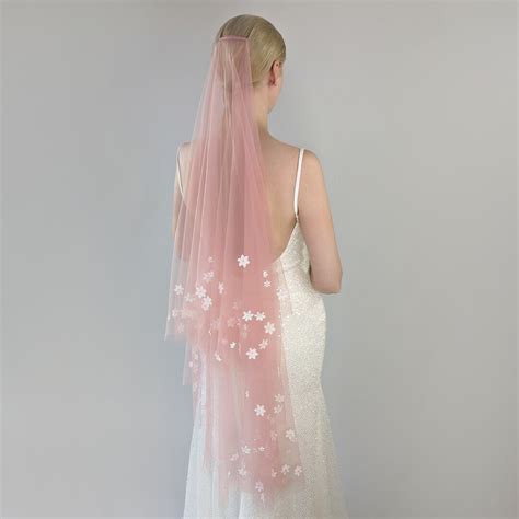 Blush Pink Wedding Veil With Flowers Dusty Blush Tulle With White Flowers And Pearls Blusher