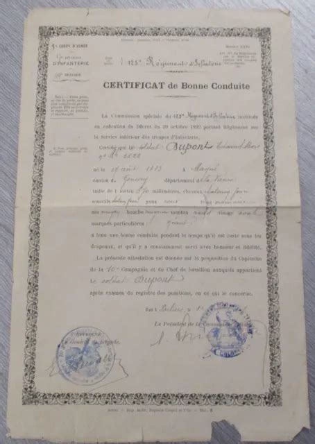 ANCIEN CERTIFICAT DE Bonne Conduite 1907 125 Regiment D Infantrie EUR 3