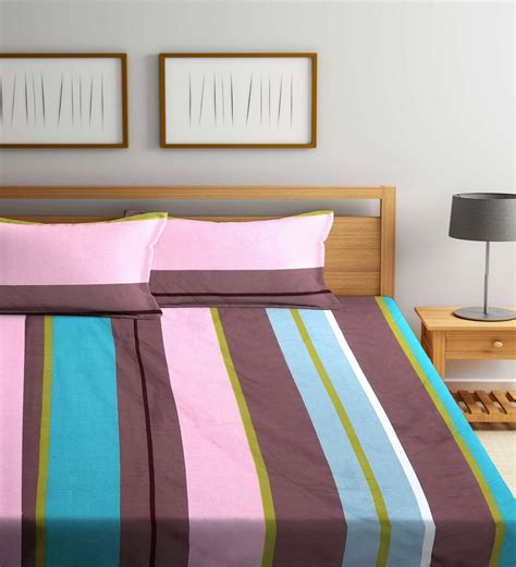 Buy Multicolor Stripes 300 Tc Cotton Blend Double King Sized Bedsheet