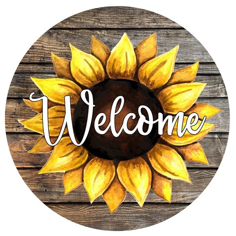 Round Welcome Sunflower Wreath Sign Wreath Attachment Metal Etsy In