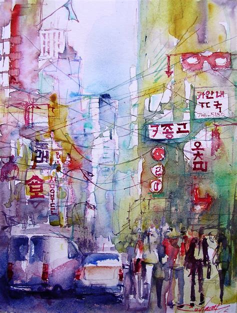 Street Of Seoul South Korean Watercolor Of Street Scene Flickr