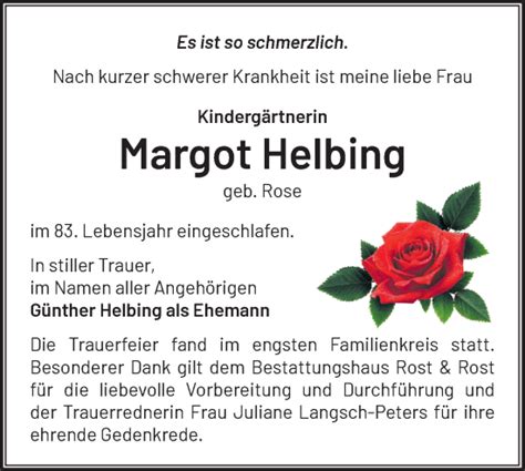 Traueranzeigen von Margot Helbing Märkische Onlinezeitung Trauerportal