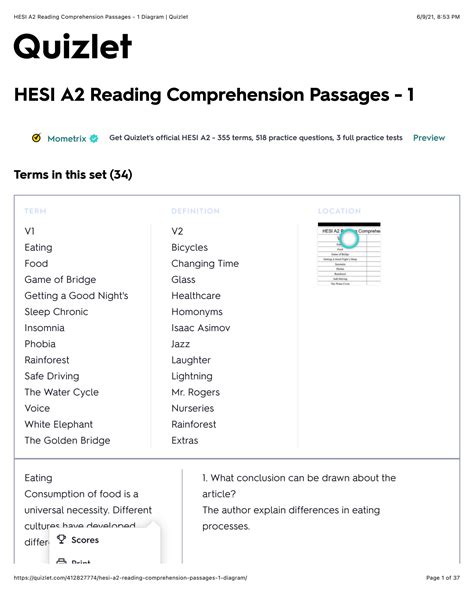 SOLUTION: Hesi a2 reading comprehension passages 1 diagram quizlet pdf