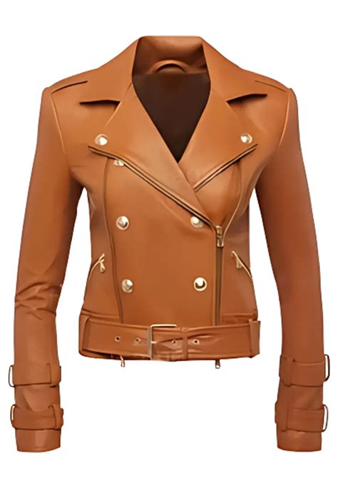 Womens Cognac Faux Leather Billie Belted Jacket