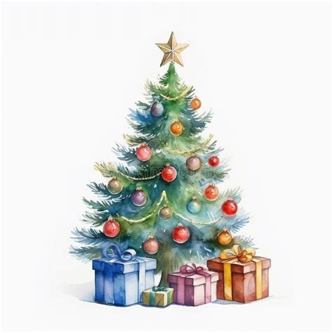 Watercolor Christmas Tree With Gift Boxes Presents Christmas Design