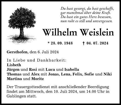 Traueranzeigen Von Wilhelm Weislein Augsburger Allgemeine Zeitung