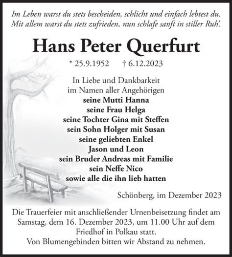 Traueranzeigen Von Hans Peter Querfurt Abschied Nehmen De