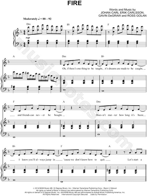 Gavin Degraw Fire Sheet Music In D Minor Transposable Download