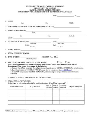 Fillable Online Uscb Usc Beaufort Bsn Prelicensure Form Fax Email Print