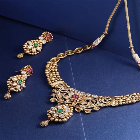 Priyaasi Pink Green Antique Gold Plated Stone Studded Floral