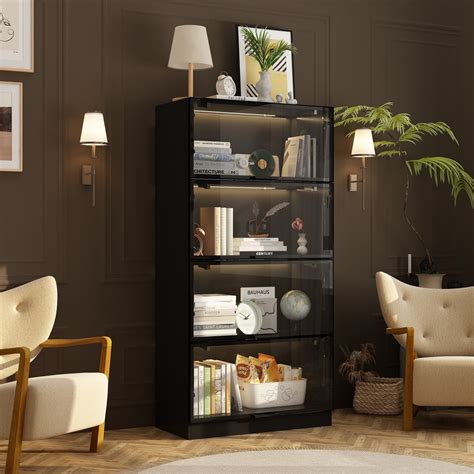 Vitrine Led Avec Portes En Verre Tremp Biblioth Que Tag Res