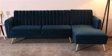 Buy Fidel Velvet Lhs Sectional Sofa Lounger In Teal Blue Colour