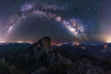 Majestic Night Sky Over Mountainous Landscape With Milky Way Panorama