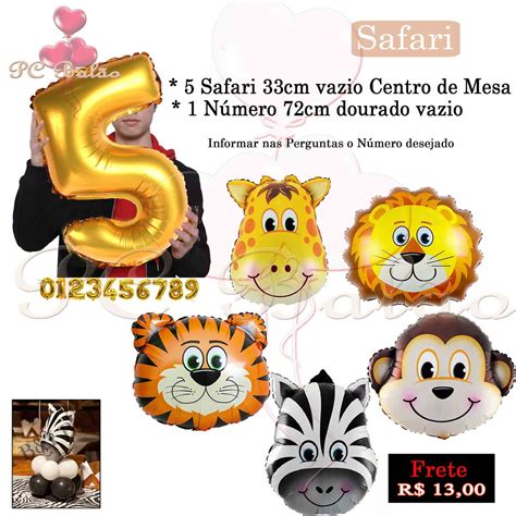 Kit Balões Metalizado 5 Safari Centro De Mesa 1 Número 72cm