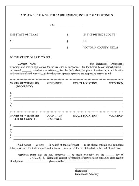 Fillable Online Vctx BAPPLICATIONb FOR SUBPOENA DEFENDANT IN Bb