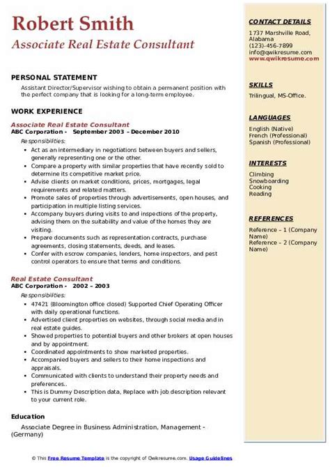 Real Estate Consultant Resume Samples Qwikresume