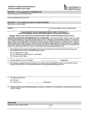 Fillable Online FMLA Return To Work Certification Pdf Fax Email Print