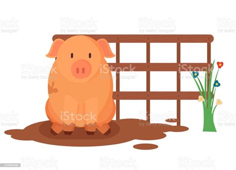 Anak Babi Duduk Di Lumpur Hewan Ternak Piggy Vector Ilustrasi Stok