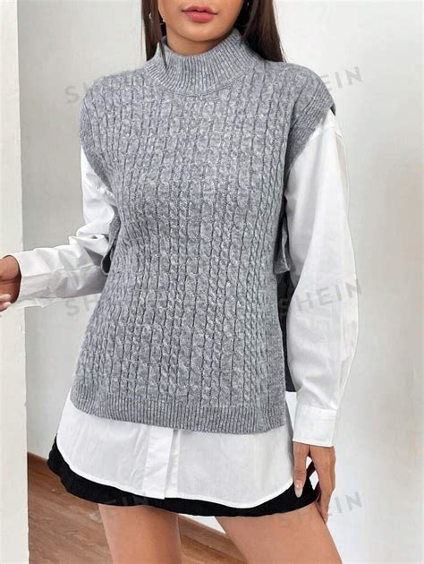 Shein Ezwear 1pc Mock Neck Cable Knit Sweater Vest Shein Uk