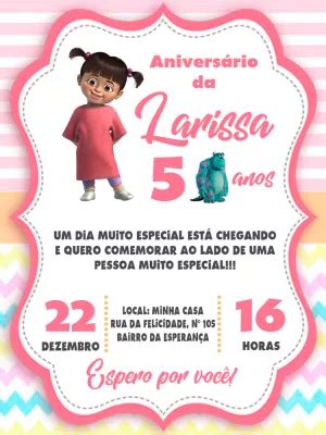 Convite aniversário Boo Monstros SA Edite grátis nosso editor online