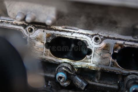 Close Up Of Dirty Intake Manifold Ports Car Repair Concept Dirty