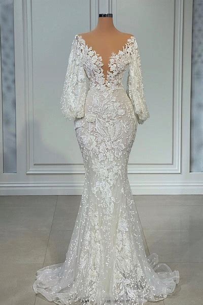 Long Sleeves Mermaid Sweetheart Tulle Lace Wedding Dress With Sweep