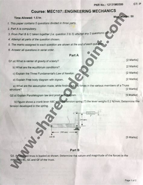 Mec Engineering Mechanics Mid Term Exam Question Paper