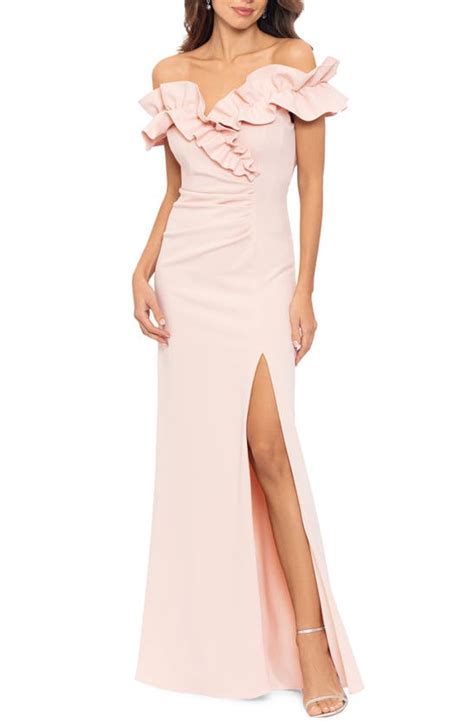 Xscape Ruched Ruffle Scuba Gown In Blush Modesens