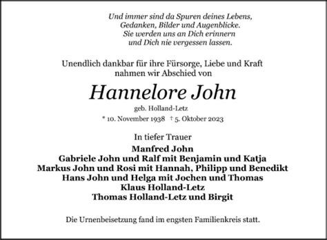 Traueranzeigen Von Hannelore John Trauerportal Ihrer Tageszeitung