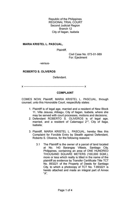 Complain Forcible Entry BY Stealth - Republic of the Philippines