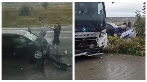 FOTO VIDEO Accident violent la Leușeni cu implicarea unui autocar