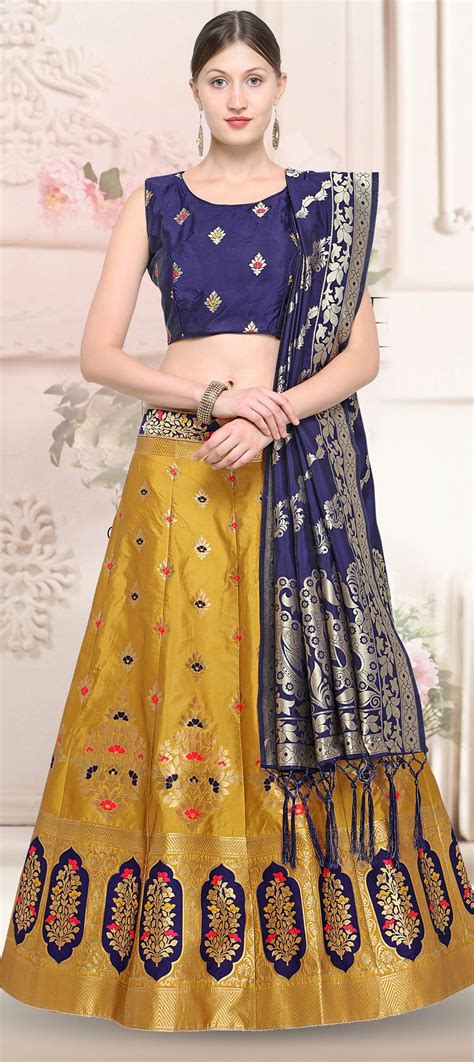 Traditional Yellow Color Banarasi Silk Cotton Silk Fabric Lehenga