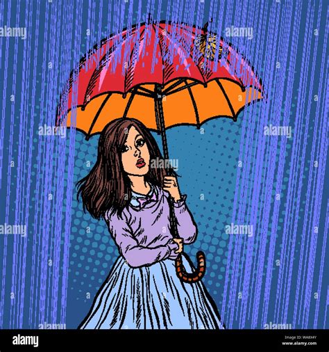 Chica en la lluvia bajo un paraguas Pop art retro dibujo ilustración