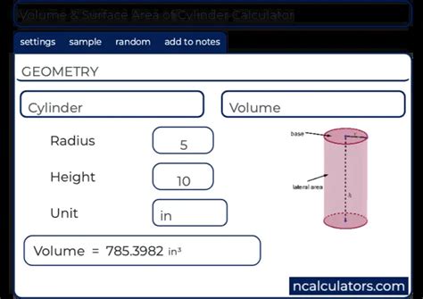 Volume & Surface Area of Cylinder Calculator