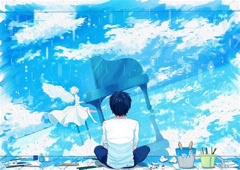 Anime Boy Girl Angel Piano Instrument Scenic Clouds Back View