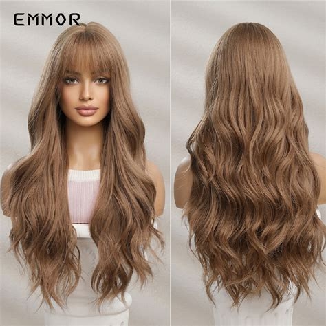 Emmor Brown Synthetic Long Wavy Wigs With Bangs Cosplay Natural Hair For Women High Temperature