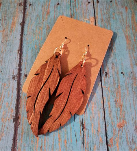 Long Feather Laser Cut Wooden Earrings Daisydesignsofcny