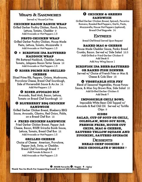 Menu at Riser Tavern & Grill pub & bar, Boardman