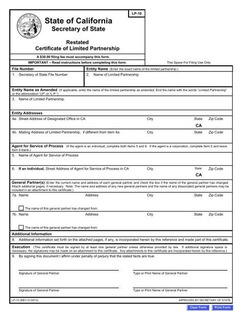 Form Lp 10 California Secretary Of State State Of California