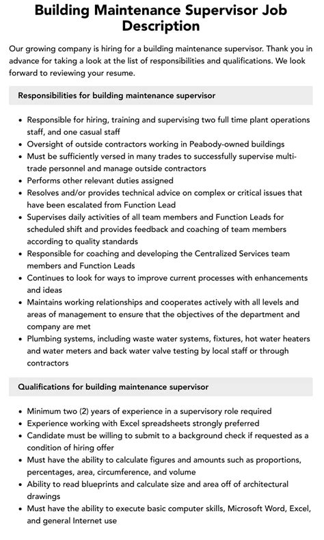 Building Maintenance Supervisor Job Description Velvet Jobs