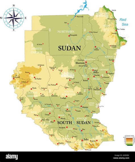 Mapa físico muy detallado de Sudán y Sudán del Sur en formato vectorial