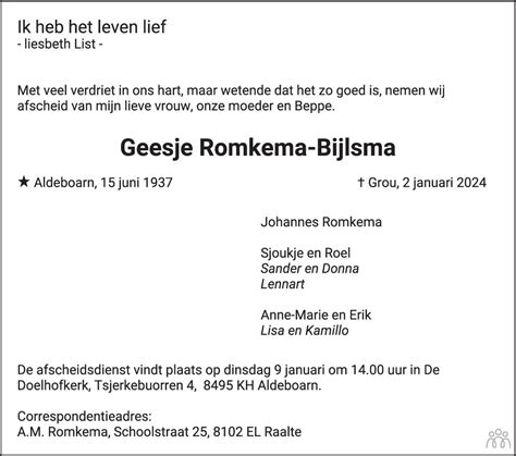 Geesje Romkema Bijlsma 02 01 2024 Overlijdensbericht En Condoleances