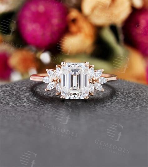 Art Deco Moissanite Engagement Ring Rose Gold Emerald Cut Etsy