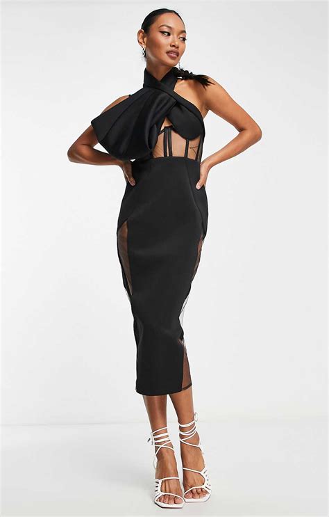 Rent Asos Design Halter Mesh Insert Corset Corsage Midi Pencil Dress In