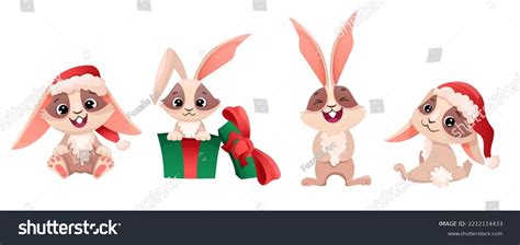 Set Cute Christmas Rabbits Bunny Santa Stock Vector Royalty Free