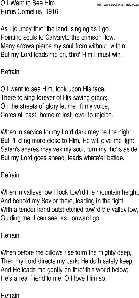 Hymn And Gospel Song Lyrics For O I Want To See Him By Rufus Cornelius