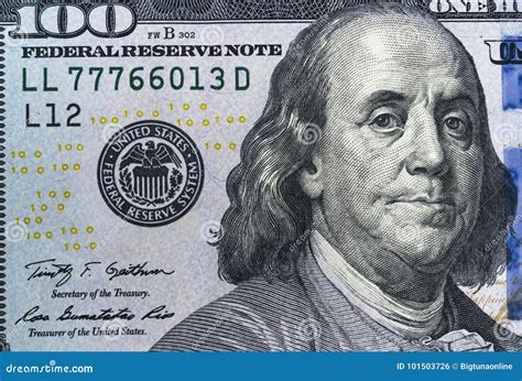 Close Up Overhead View of Benjamin Franklin Face on 100 US Dollar Bill ...